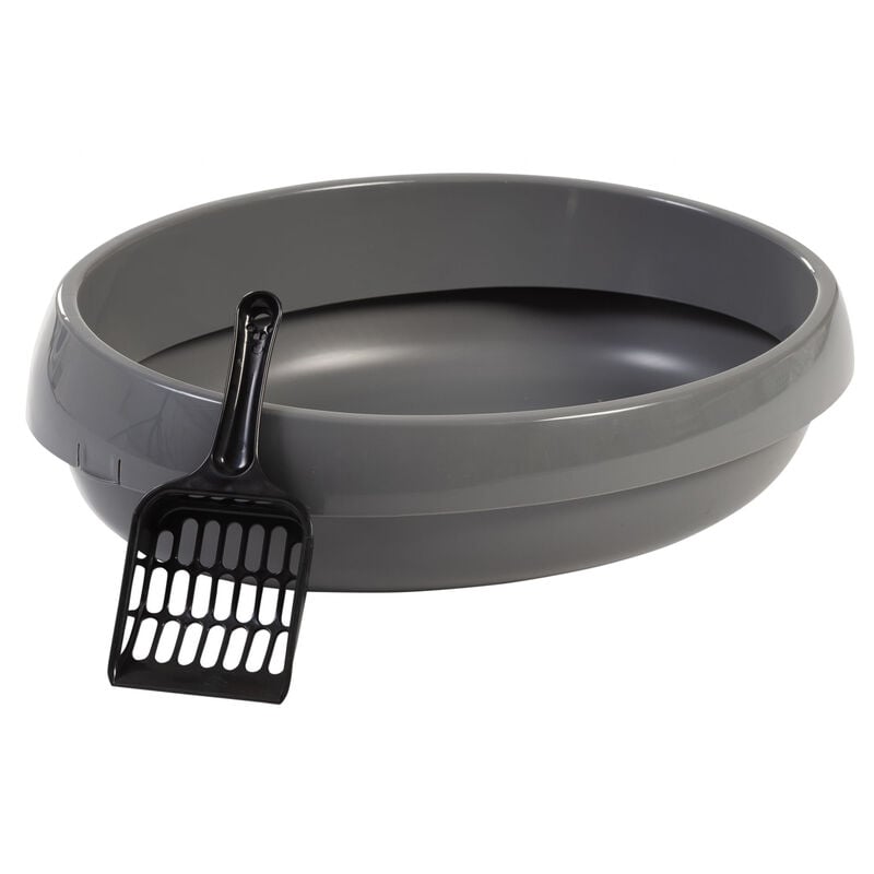 Iris Ohyama - Katzenklo mit Schaufel, bis 4 kg, Grau, offen, ohne Deckel, Katzentoilette, hoher Rand, Für Katzen, Kätzchen, Toilet, Toilette, leicht