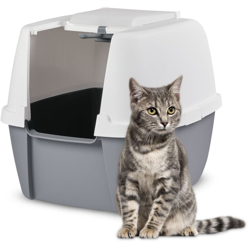 Iris Ohyama - Katzenklo mit Schaufel, bis 8 kg, Weiß/Grau, mit Deckel, Katzentoilette, abnehmbarer Rand, Für große Katzen, Kätzchen, geschlossen, xxl