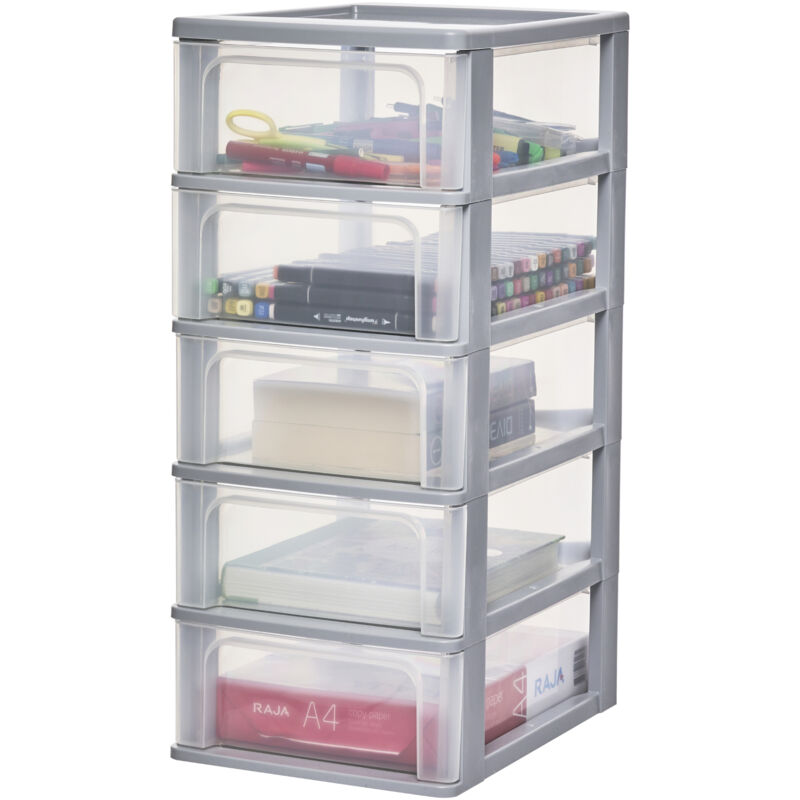 Kunststoff Schubladenbox mit 5 flachen Schubladen, Grau, Easy-Pull-System, A4, A5 & A6 Format, Schreibtisch Organizer für Büro, Schule, Schreibwaren,