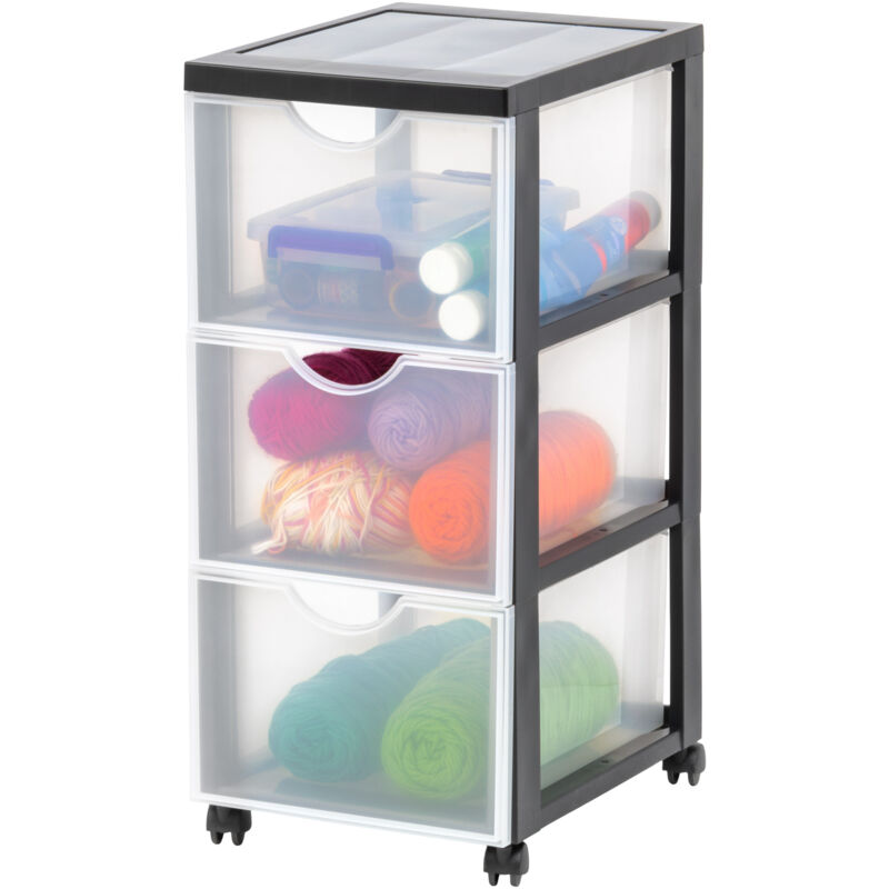 Iris Ohyama - Kunststoff-Schubladenbox mit Rollen, 3 tiefen Schubladen, Schwarz, Griffe zum Ziehen, Für Schlafzimmer, Bad, Schule & Büro, BPA-frei,