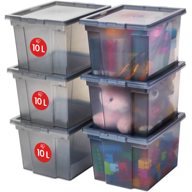 Vielseitige Aufbewahrungsboxen, 10L, 6er-Set, Grau, Leicht schließba Deckel, Stapelbar, Plastik, Für Schrank, Regale, Organisation, Kleidung,
