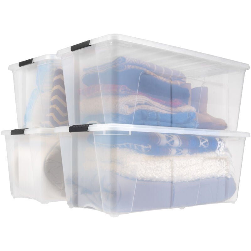 Aufbewahrungsbox mit Deckel, 80L, 4er-Set, Transparent, Schnappverschlüsse mit Griffen, Stapelbar, Stark & Langlebig, Für Kleidung, Garage, Zuhause,