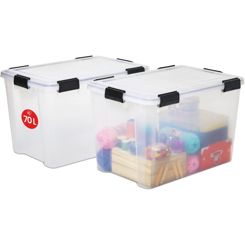Iris Ohyama Luftdichte Kunststoff-Aufbewahrungsboxen mit Deckel, 70L, 2er-Set, Transparent, Hermetischer wasserdichter Verschluss, Robuste