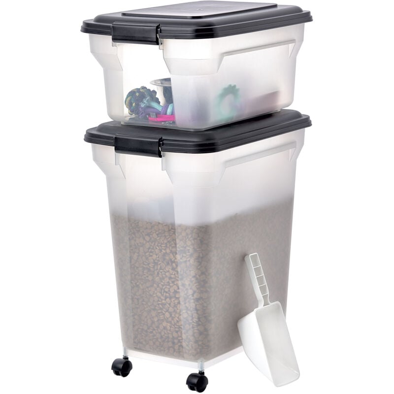 Hundefutter Aufbewahrung mit Rollen, 45L+20L, Schwarz, Luftdichte Futterbox, Trockenfutter, Futterbehälter, Für Hunde, Katzen, Tierfutterbehälter,