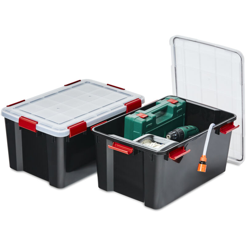 Luftdichte Kunststoff-Aufbewahrungsboxen mit Deckel, 50L, 2er-Set, Schwarz, Hermetischer wasserdichter Verschluss, Robuste Schnappverschlüsse,