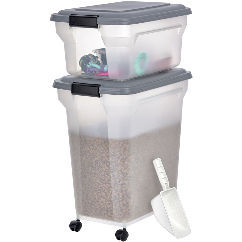 Hundefutter Aufbewahrung mit Rollen, 45L+20L, Grau, Luftdichte Futterbox, Trockenfutter, Futterbehälter, Für Hunde, Katzen, Tierfutterbehälter,