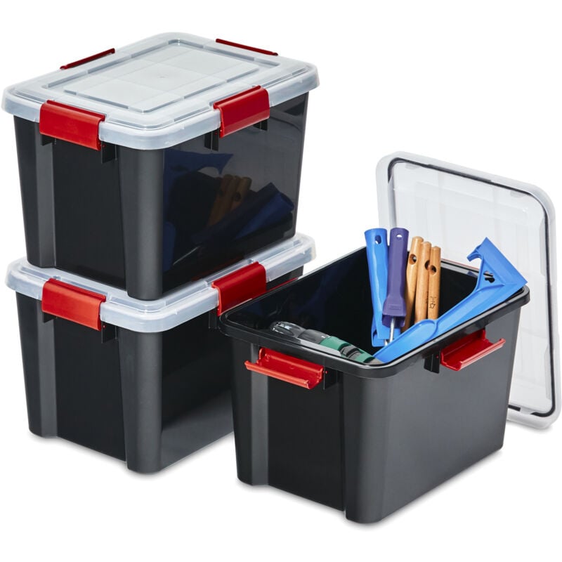 Luftdichte Kunststoff-Aufbewahrungsboxen mit Deckel, 20L, 3er-Set, Schwarz, Hermetischer wasserdichter Verschluss, Robuste Schnappverschlüsse,