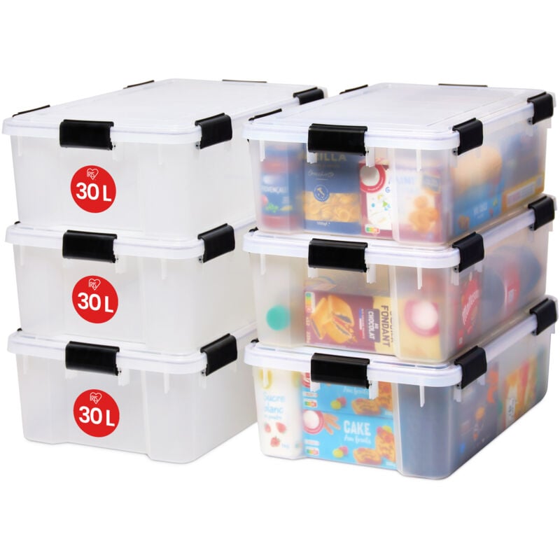 Iris Ohyama Luftdichte Kunststoff-Aufbewahrungsboxen mit Deckel, 30L, 4er-Set, Transparent, Hermetischer wasserdichter Verschluss, Robuste