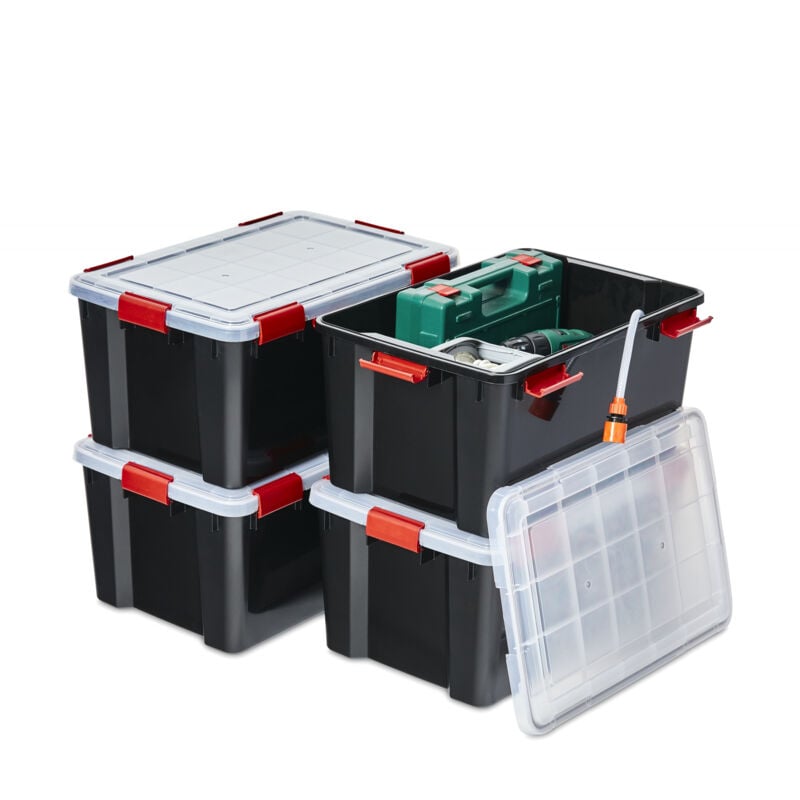 Luftdichte Kunststoff-Aufbewahrungsboxen mit Deckel, 50L, 4er-Set, Schwarz, Hermetischer wasserdichter Verschluss, Robuste Schnappverschlüsse,