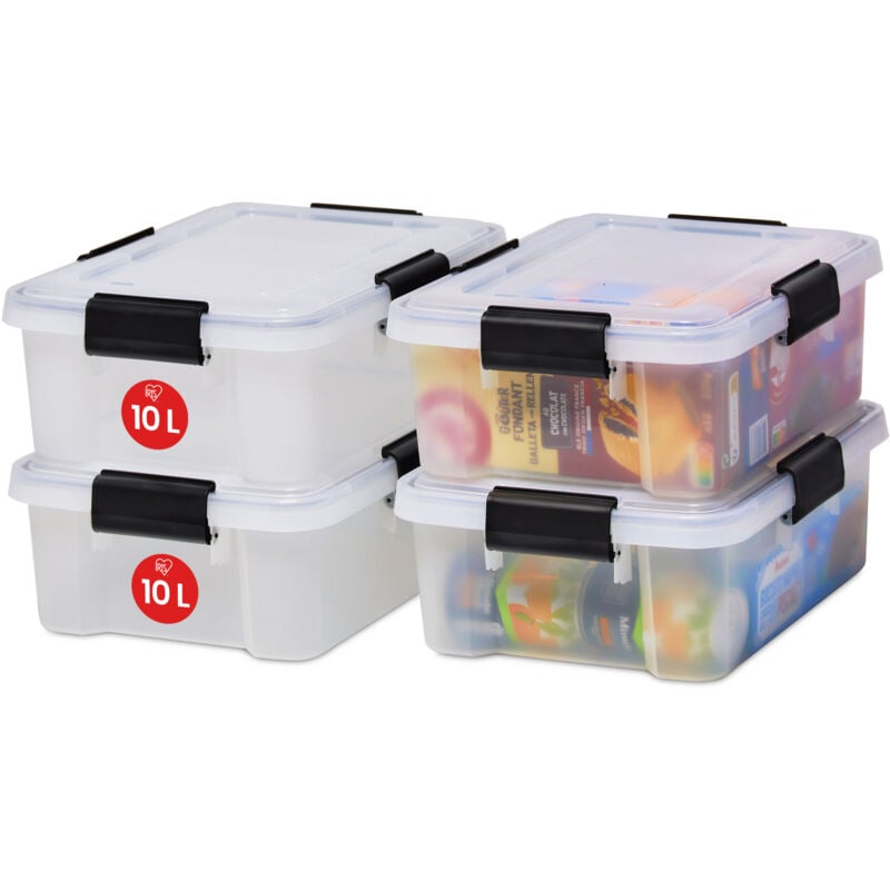 Luftdichte Kunststoff-Aufbewahrungsboxen mit Deckel, 10L, 4er-Set, Transparent, Hermetischer wasserdichter Verschluss, Robuste Schnappverschlüsse,