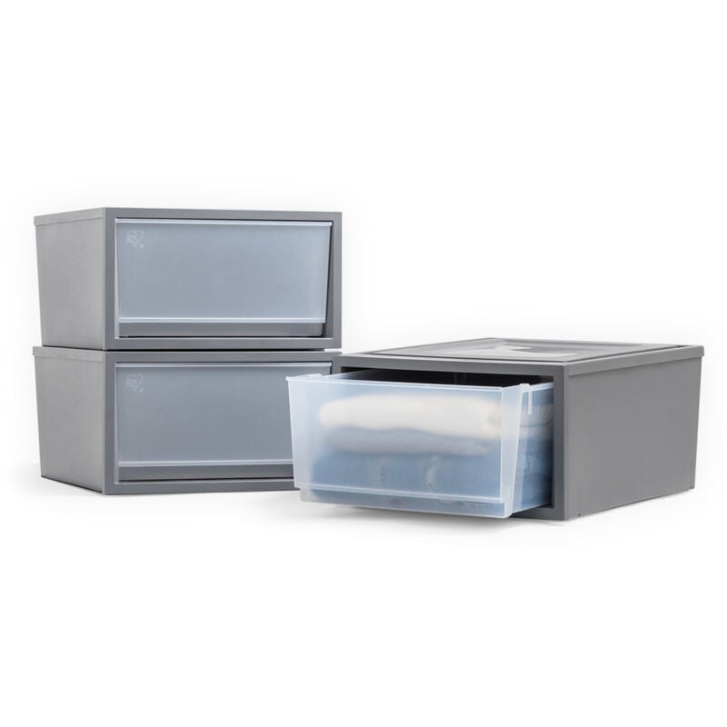 Iris Ohyama - Stapelbare Kunststoff-Schubladen für Kleidung, Hemden, 32L, 3er-Set, Medium, Dunkelgrau, Leicht Gleitende Schublade, für