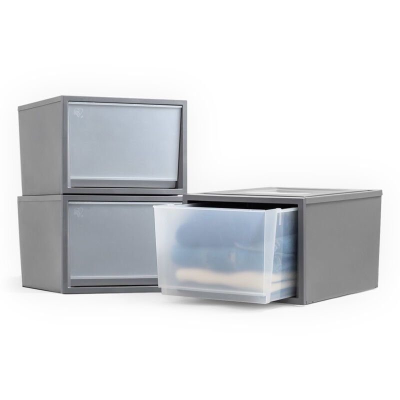 Iris Ohyama - Stapelbare Kunststoff-Schubladen für Kleidung, Pullover, Jeans, 40L, 3er-Set, Groß, Dunkelgrau, Leicht Gleitende Schublade, für