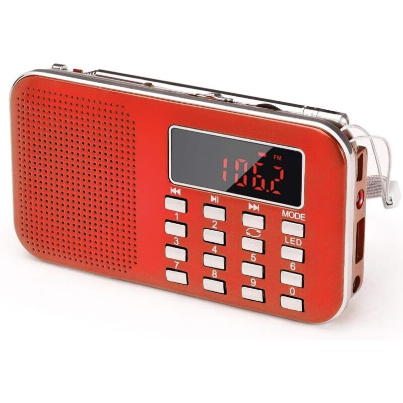 J-908 AM/FM-Tragbares Radio, kleines wiederaufladbares Radio mit 1200-mAh-Akku, Transistorradio mit Notlicht, Mini-USB/SD/AUX (rot)