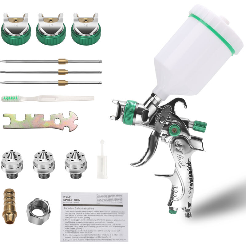 Jiubiaz 2x Professionelles Hochdruck-Luftspritzpistolen-Set, HVLP-Pneumatik-Lackierpistole mit Schwerkraftzufuhr, 600 cc, 1,4 mm/1,7 mm/2,0 mm, 3