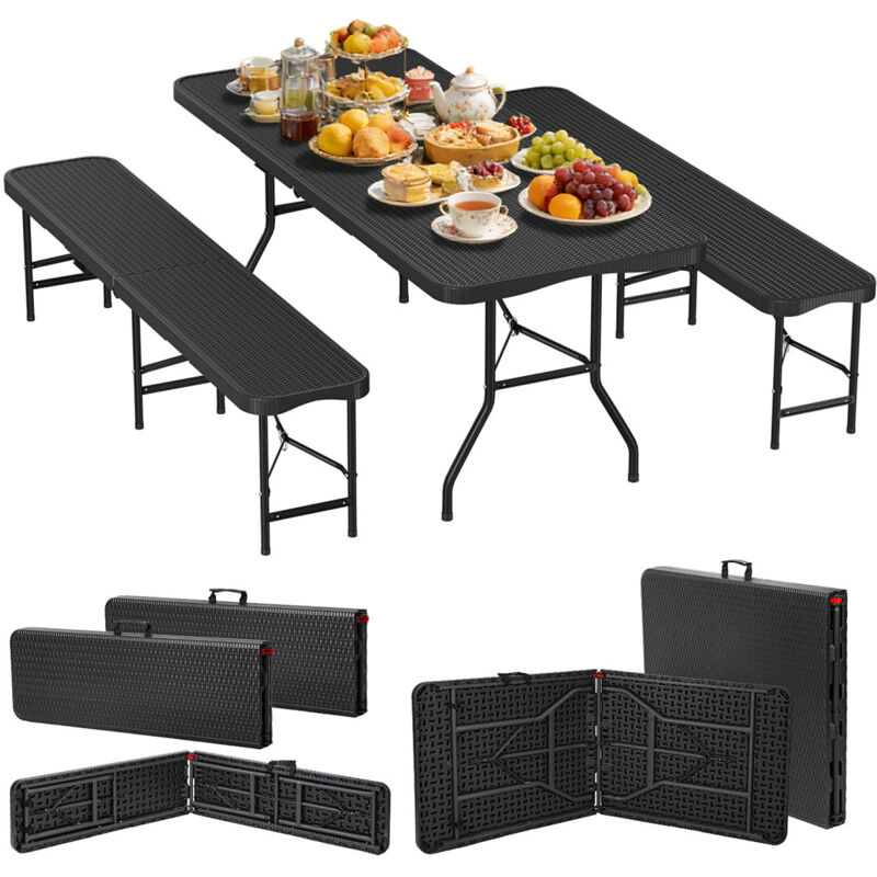 Jiubiaz Bierzeltgarnitur 3-tlg., Tisch+2 Bänke, klappbar, Rattan-Look Schwarz – 180 x 74 x 74 cm – Gartenmöbel-Set Festzeltgarnitur Sitzgarnitur