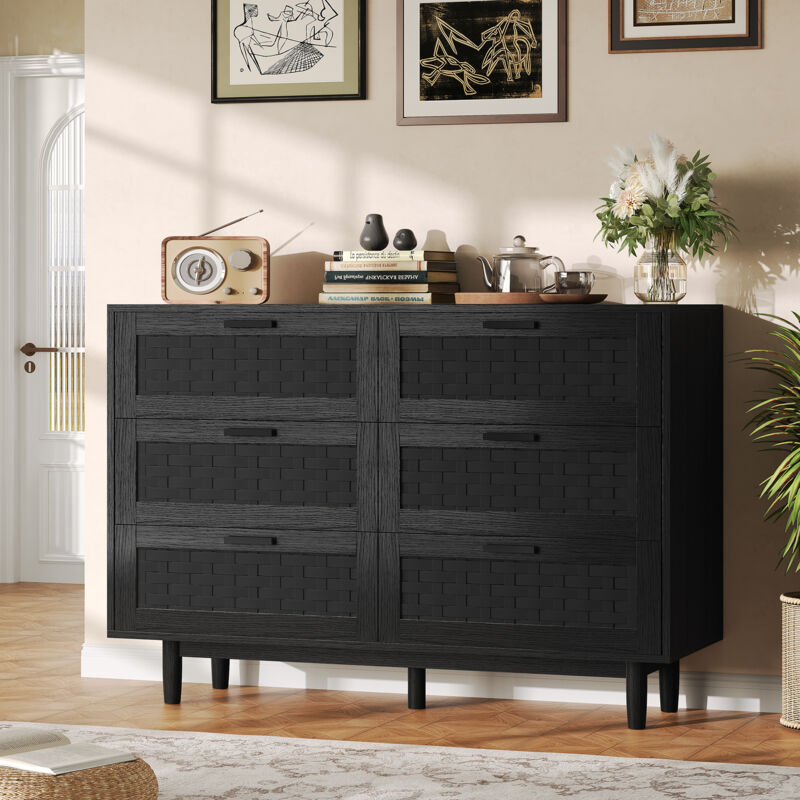 JOOKGBD- Kommode 115x40x80 cm mit Schubladen, Rattan Kommode, moderner Aufbewahrungsschrank, Sideboard aus Holz, für Schlafzimmer Wohnzimmer Flur