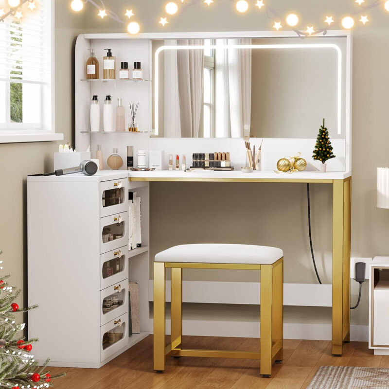 JOOKGBD-Schminktisch mit Spiegel und Hocker, L-förmiger Frisiertisch 120x80x135 cm, LED-Spiegel mit 3 Lichtfarben, Kommode mit 5 Schubladen und