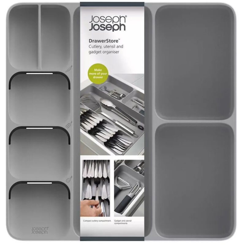 Besteck- und Utensilienorganisation JosephJoseph Joseph DrawerStore, 5 Besteck- und 3 Utensilienfächer, grau, optimiert den Platz in elSchubladen of