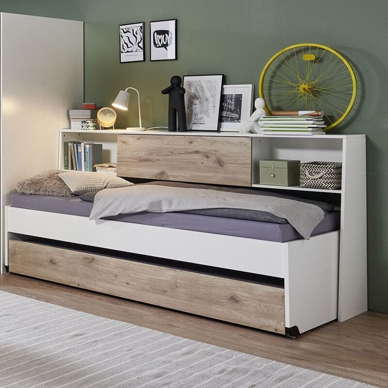 Jugendzimmer-Bett mit 120x200 cm Liegefläche in weiß mit Eiche, mit Bettschublade, Bettüberbau NOLI-43
