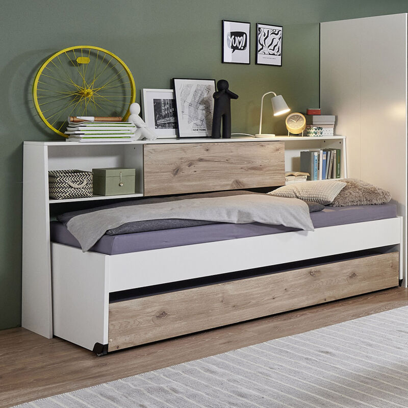 Jugendzimmer-Bett mit 90x200 cm Liegefläche in weiß mit Eiche, mit Bettschublade, Bettüberbau NOLI-43