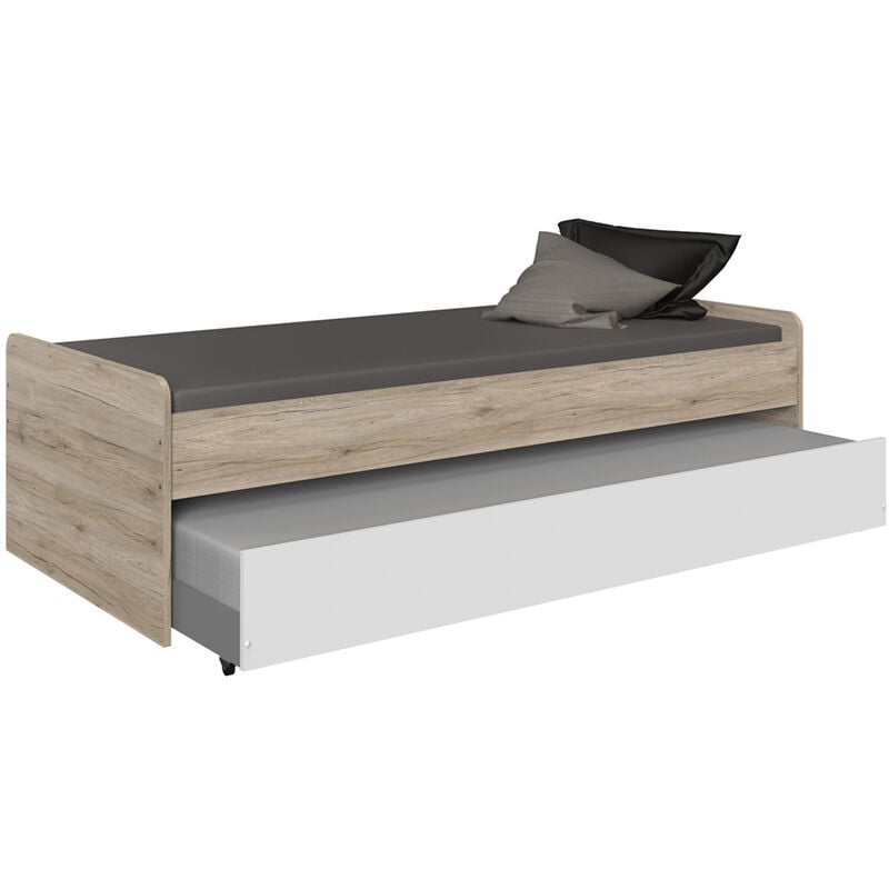 Jugendzimmer Bettgestell inkl. Ausziehliege JOHANNESBURG-43 in Eiche Nb. mit weiß, b/h/t: ca. 95/58/204 cm