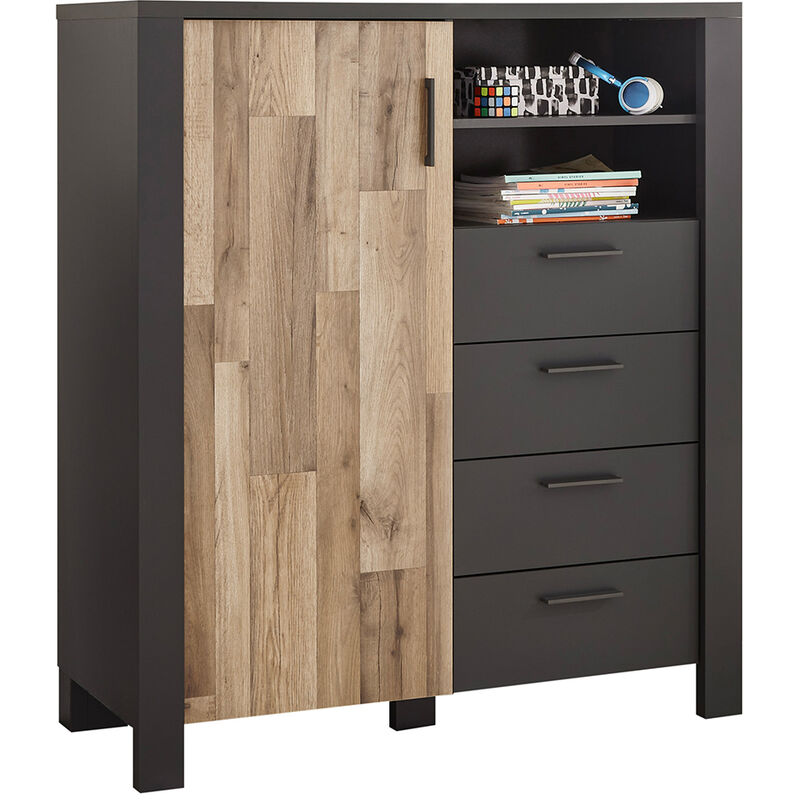 Jugendzimmer Highboard Schrank DARWIN-78 in grau mit Montana Eiche Nb., b/h/t ca. 116/131/46 cm