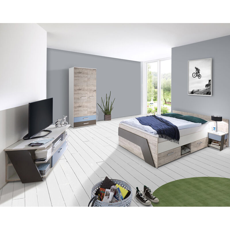 Jugendzimmer Set mit 140x200cm Bett LEEDS-10 in Sandeiche Nb. mit weiß, Lava und Denim Blau