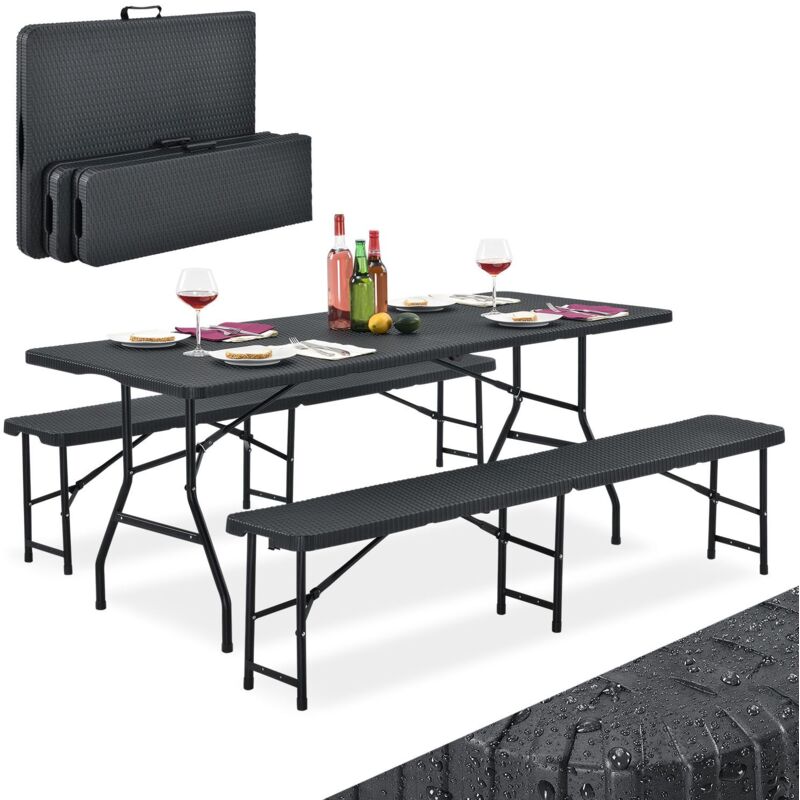 Bierzeltgarnitur Amberg 3-teilig & klappbar – 180 x 74 x 74 cm – 2 Bierbänke & 1 Biertisch in Rattan-Optik Gartenmöbel-Set Festzeltgarnitur - Juskys