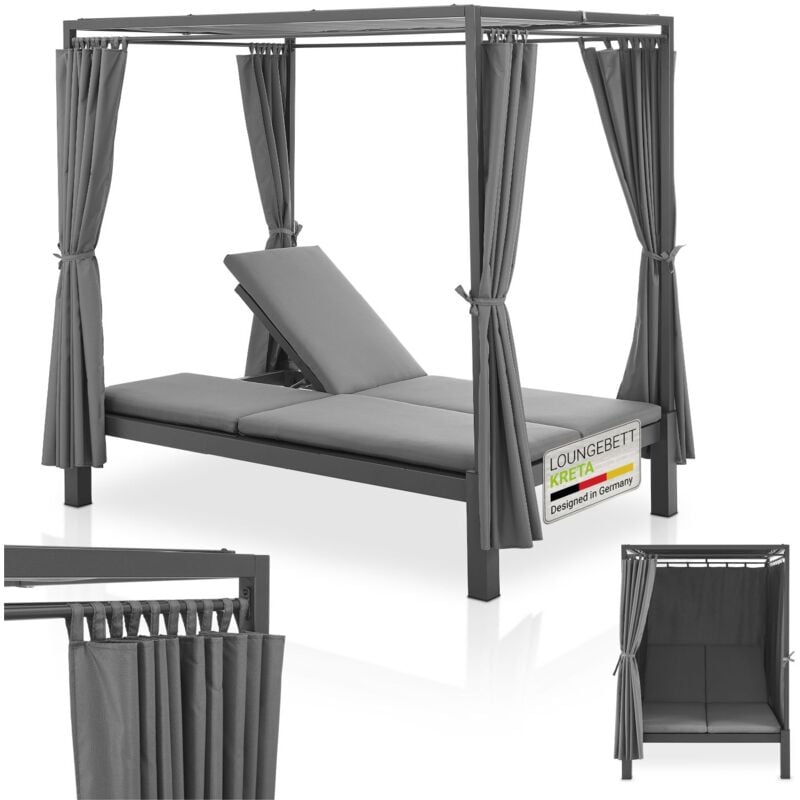 Doppel Loungebett Kreta - Gartenliege für 2 Personen - Dach & Rückenlehne verstellbar - Sonnenliege für Terrasse, Garten & Balkon - Liege Grau