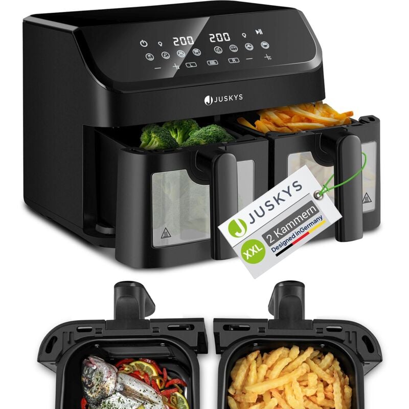 Juskys Heißluftfritteuse 9 L - 2 Kammern, Fritteuse, Doppelkammer, 9 Programme, antihaftbeschichtet, Smart Finish