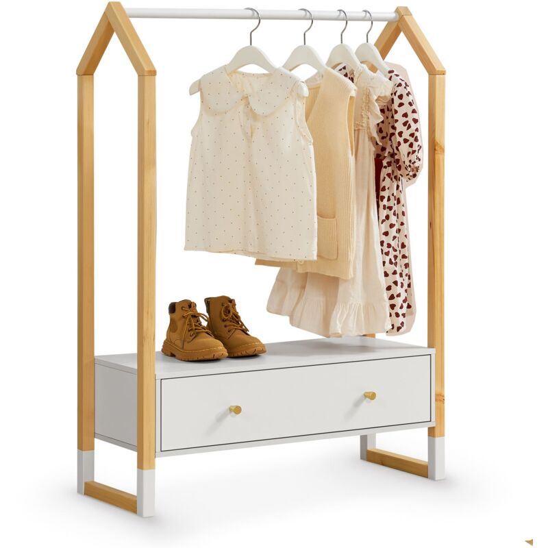 Kinder Kleiderständer Filla - große Schublade, Kleiderstange, offener Ständer - Kindergarderobe aus Holz - Mädchen & Jungs - Garderobe Weiß - Juskys
