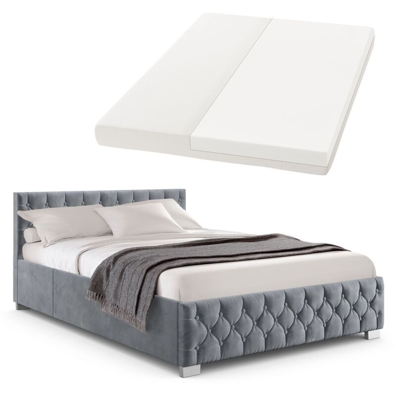Polsterbett Nizza 180x200 cm mit Matratze - Bettgestell mit Lattenrost, Stauraum & led Beleuchtung – Samtbezug, Chesterfield-Steppung - Grau - Juskys