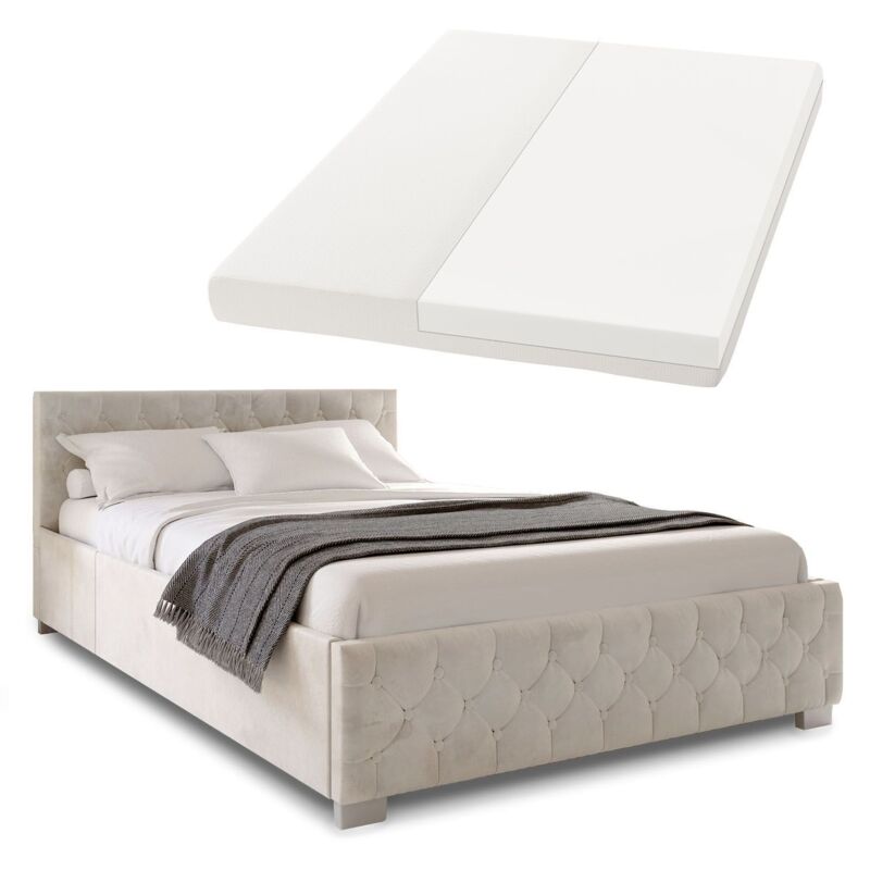 Polsterbett Nizza 180x200 cm mit Matratze - Bettgestell mit Lattenrost, Stauraum & led Beleuchtung – Samtbezug, Chesterfield-Steppung - Beige - Juskys