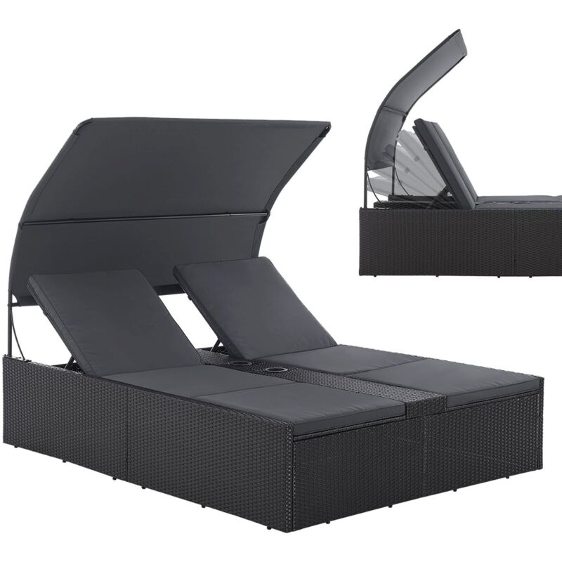 Polyrattan Doppelliege Syros - Garten Sonnenliege für 2 Personen - Outdoor Liege mit Dach & Auflagen - Kopfteil verstellbar - Schwarz - Juskys
