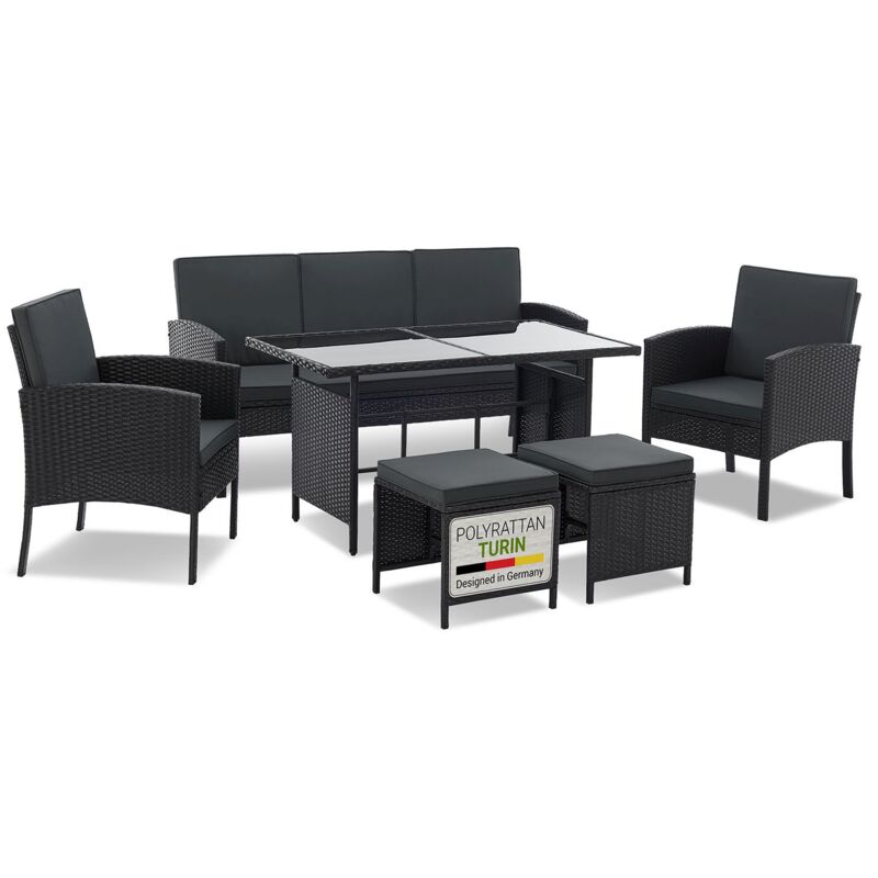 Polyrattan Gartenmöbel Sitzgruppe Turin Set 6 teilig - 7 Personen - Outdoor Möbel mit Sessel, Hocker, Tisch & Kissen - Loungemöbel Schwarz - Juskys