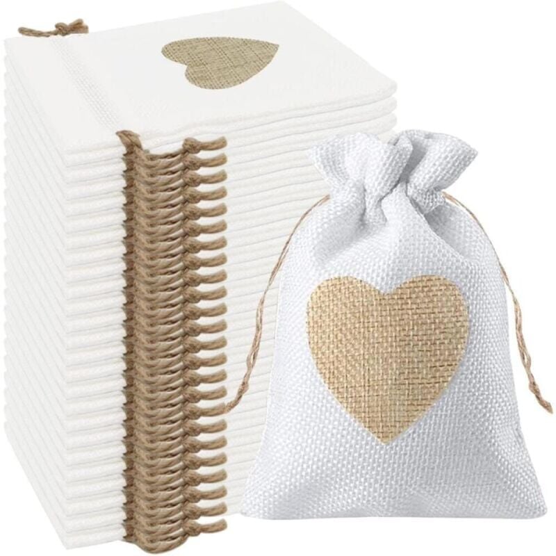 Jutebeutel mit Herzmuster, 10 x 14 cm, für Hochzeitsgeschenke, Süßigkeiten, Geschenke, Taufe, Geburtstag, Weihnachten, klein (weiß), 24 Stück