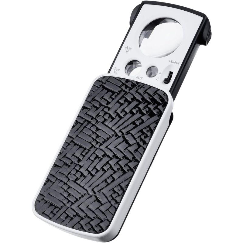 Juwelierlupe, Taschenlupe, kleine tragbare Lupe, Schmucklupe, 30 x 60 x 90 x Vergrößerung, mit led und UV-Lampen (schwarz)