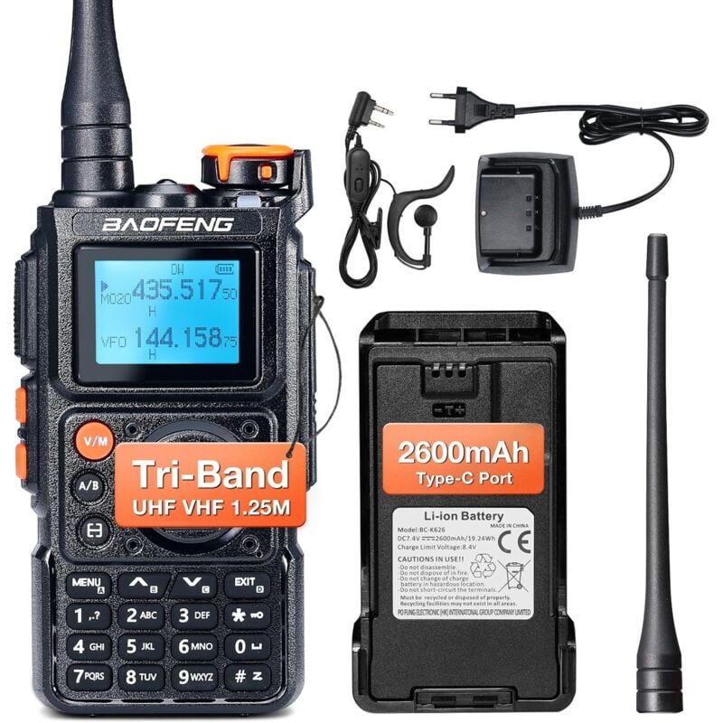 K6 Tri-Band-Walkie-Talkie, 6 W Hochleistungs-Amateurfunkgerät, Multiband UHF/VHF/FM/Air, 2600 mAh Akku, USB-C-Aufladung, 999 Kanäle, kabellose