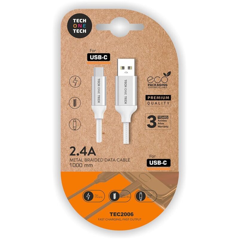 Weißes Nylon-USB-A-auf-USB-C-Kabel 1 m 2A Tech One Tech