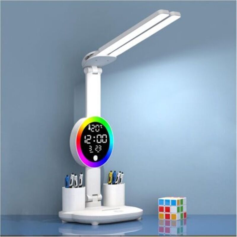 Kabellose Kinderschreibtischlampe mit Uhr – Dimmbare LED – 3200 mAh – Stifthalter – LCD-Bildschirm – Kalender – Temperaturanzeige – 3 Lichtfarben –
