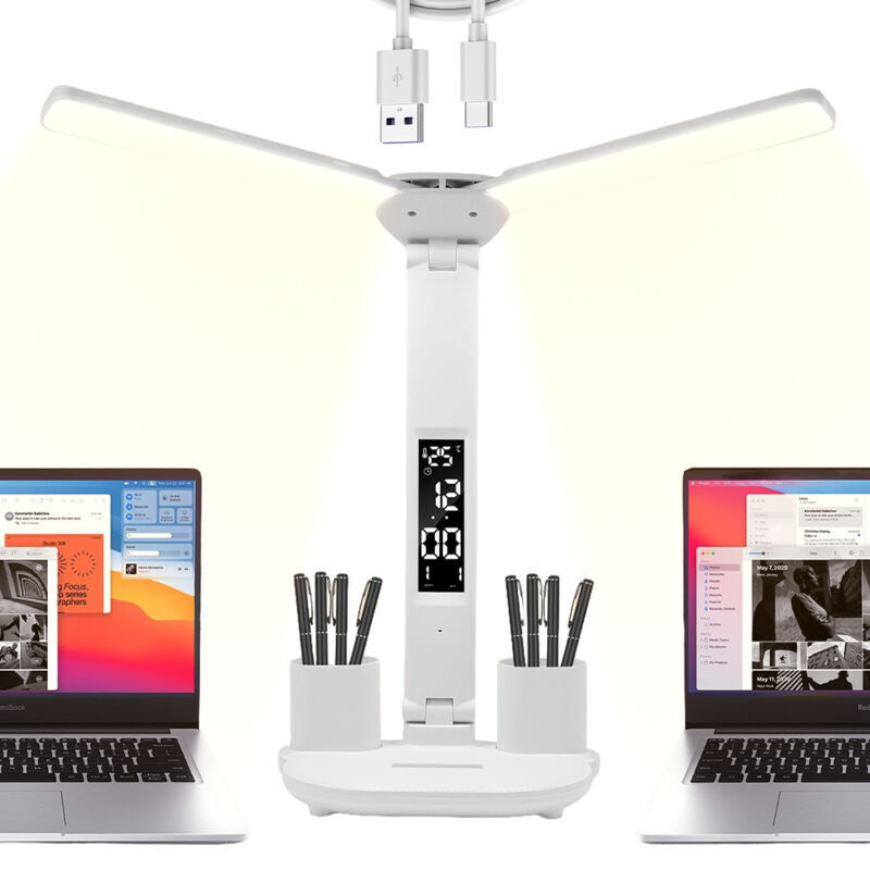 Kabellose LED-Schreibtischlampe für Kinder mit Uhrzeit, Kalender, Temperaturanzeige, 2 Stifthaltern, Doppelkopf, Dimmfunktion, 3 Farbmodi,