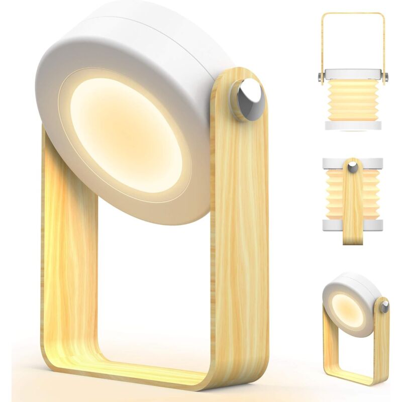 Kabellose Touch-LED-dimmbare Nachttischlampe, Vintage-Schreibtischlampe mit Holzgriff, 3 Helligkeitsstufen, tragbare, faltbare Touch-Tischlampe für