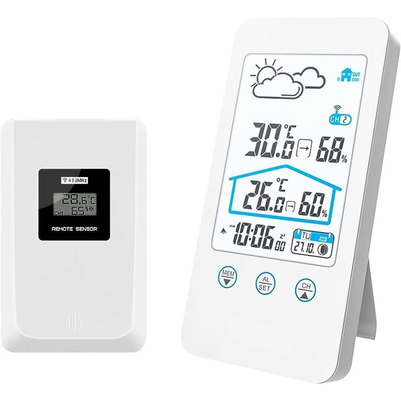Station météo sans Fil, Thermomètre numérique intérieur sans Fil pour intérieur Baromètre d'humidité Horloge de Station météo avec capteur extérieur