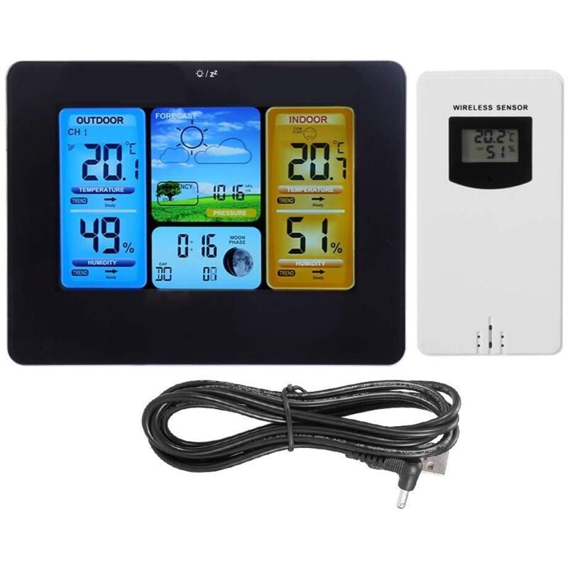 Kabellose Wetterstation mit Uhr, digitalem Thermo-Hygrometer-Thermometer, LCD-Monitor, Uhr für die Heimdekoration (Schwarz)