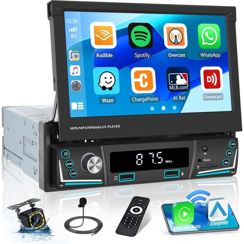 Kabelloses Carplay-Autoradio, 7 Zoll, einziehbarer Touchscreen, 1 Din, kabelloses Android Auto-Autoradio, Bluetooth, FM-AM-Radio, USB, AUX, TF,