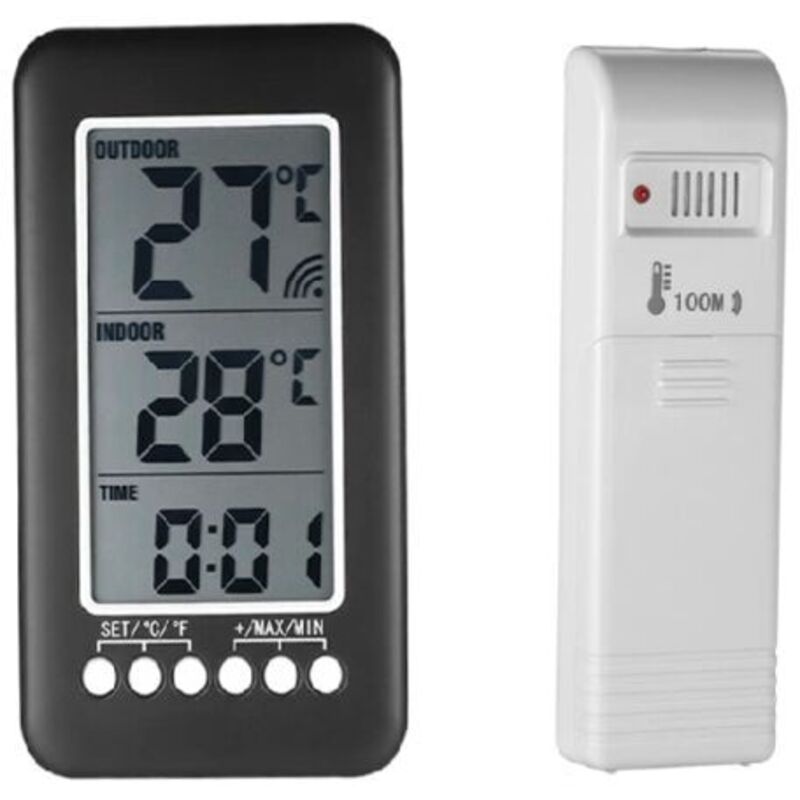 Jalleria - Kabelloses Innen-/Außenthermometer, 2-in-1-Uhr, ℃/℉ LCD-Thermometer, digitales Innen-/Außenthermometer, Uhr, Temperaturmessung mit Sender