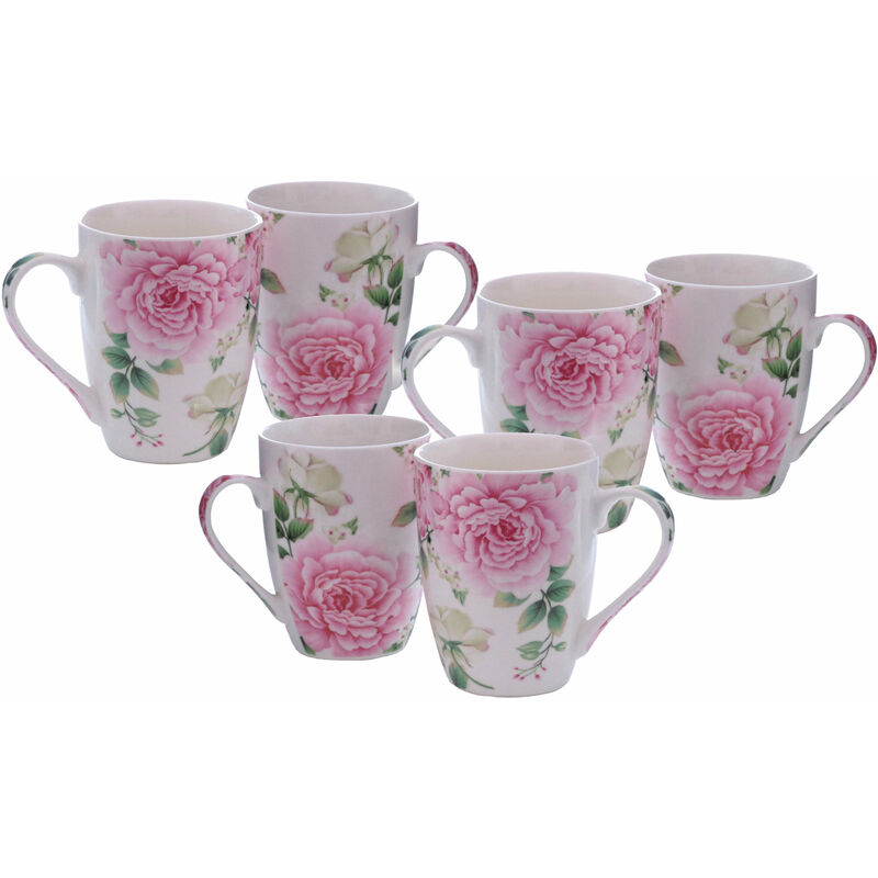 Porzellan Kaffeetasse Rosen Motiv 250 ml - 6er Set - Kaffee Becher Tee Tasse Pot Mug