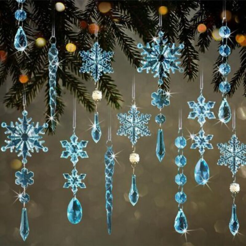 18-teiliger Weihnachtsbaumschmuck aus Kristall – Acryl-Schneeflocken-Kristallanhänger für den Weihnachtsbaum, Winterparty-Zubehör für Silvester
