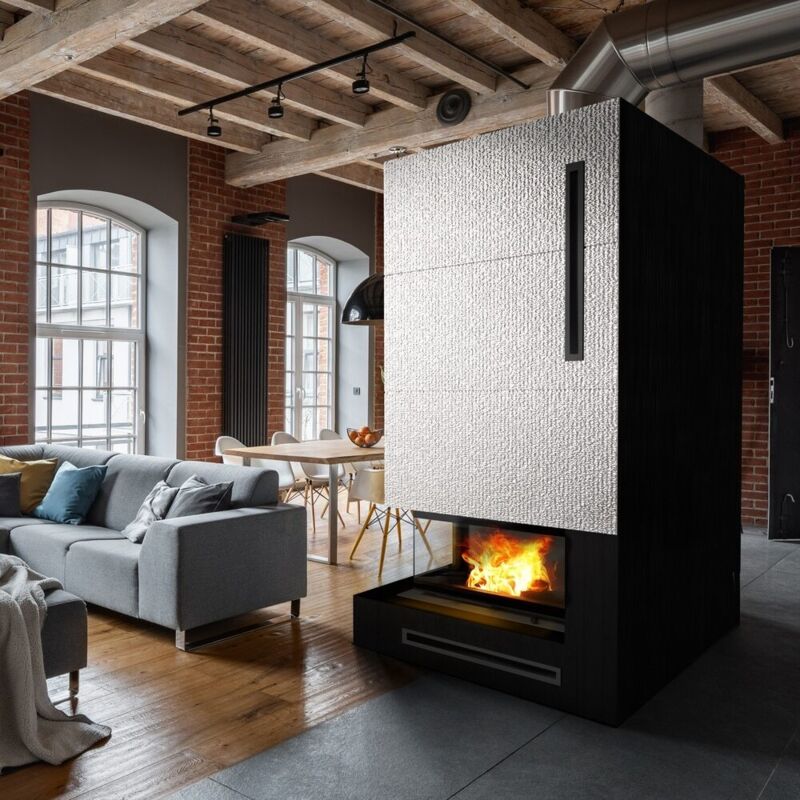 Kamineinsatz aus Stahl KRATKI NADIA links 14 kW Ø 200 mit Schiebetür