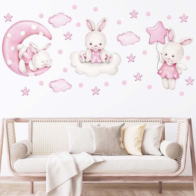 XVX - Kaninchen mit Luftballons Rosa, personalisierte Wandaufkleber Aquarell-Tiere-Aufkleber mit Namen Wandaufkleber für Kinderzimmer Babyzimmer